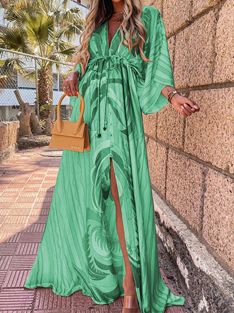 Romina - Long Flowing Dress with Waist Belt