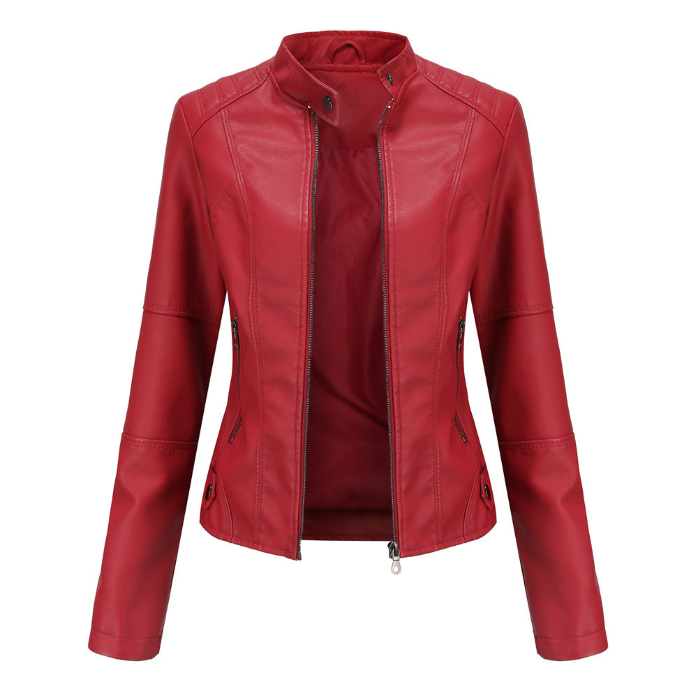 Claudia – Leather motorcycle jacket with high collar