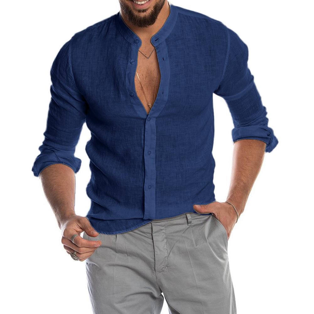 Heath - Men's linen shirt with standing collar, long sleeves