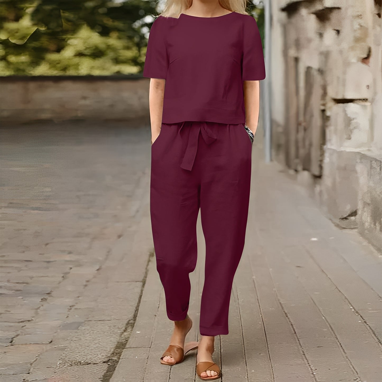 Kerine - Ensemble pantalon en coton et lin pour femme