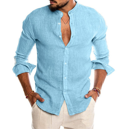 Heath - Men's linen shirt with standing collar, long sleeves