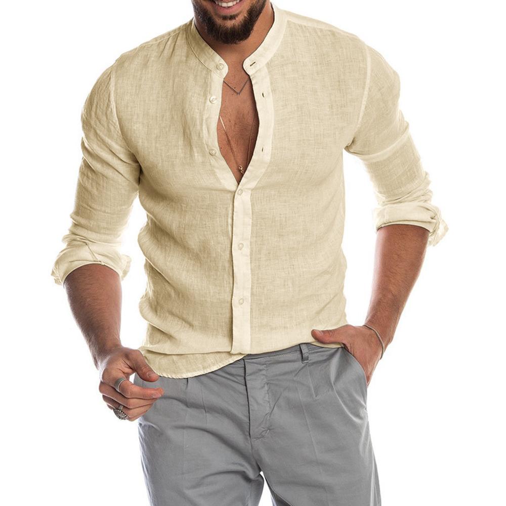 Heath - Men's linen shirt with standing collar, long sleeves