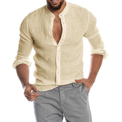 Heath - Men's linen shirt with standing collar, long sleeves