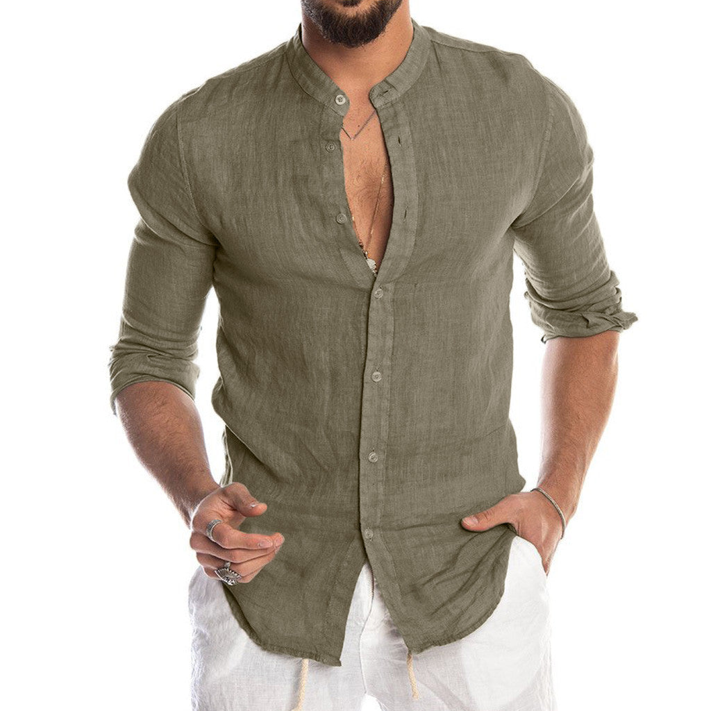 Heath - Men's linen shirt with standing collar, long sleeves