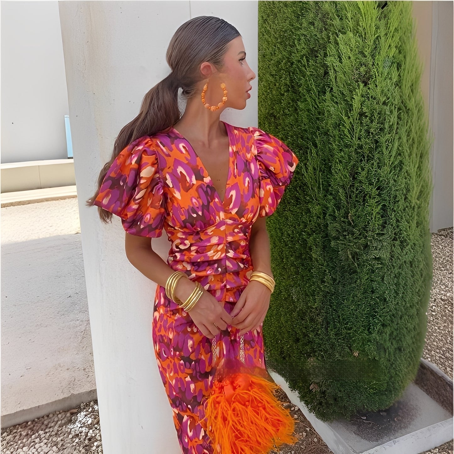 Gaëlle - Buntes Kleid mit plissierten Ärmeln für Damen