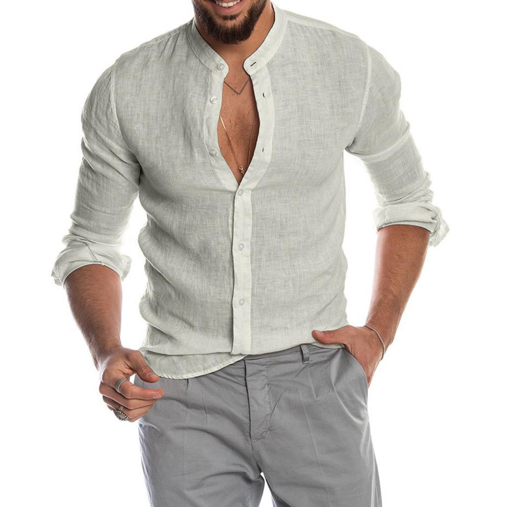 Heath - Men's linen shirt with standing collar, long sleeves