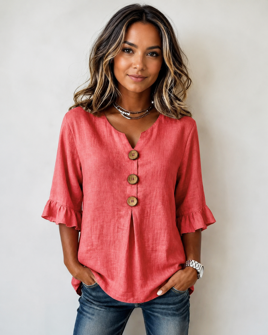 Glenda - Blouse Élégante à Col en V avec Boutons
