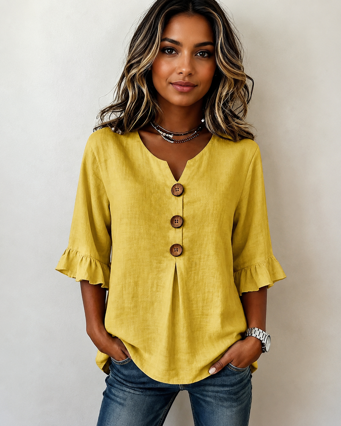 Glenda - Blouse Élégante à Col en V avec Boutons