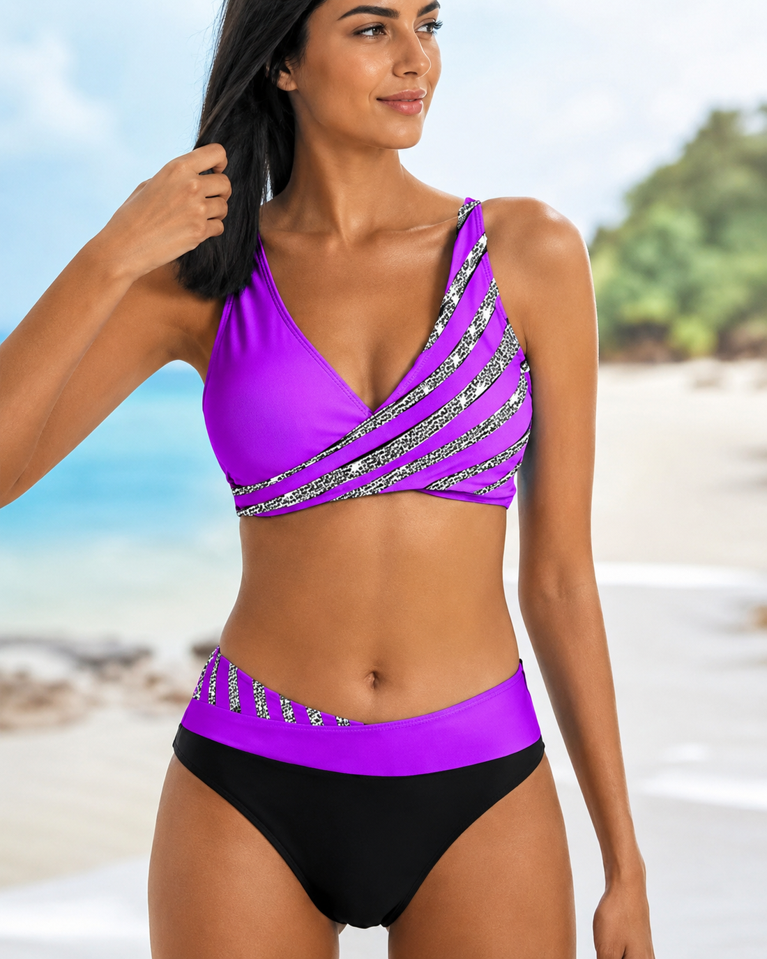 Deliana - Ensemble Bikini Rayé Stylé Deux Pièces