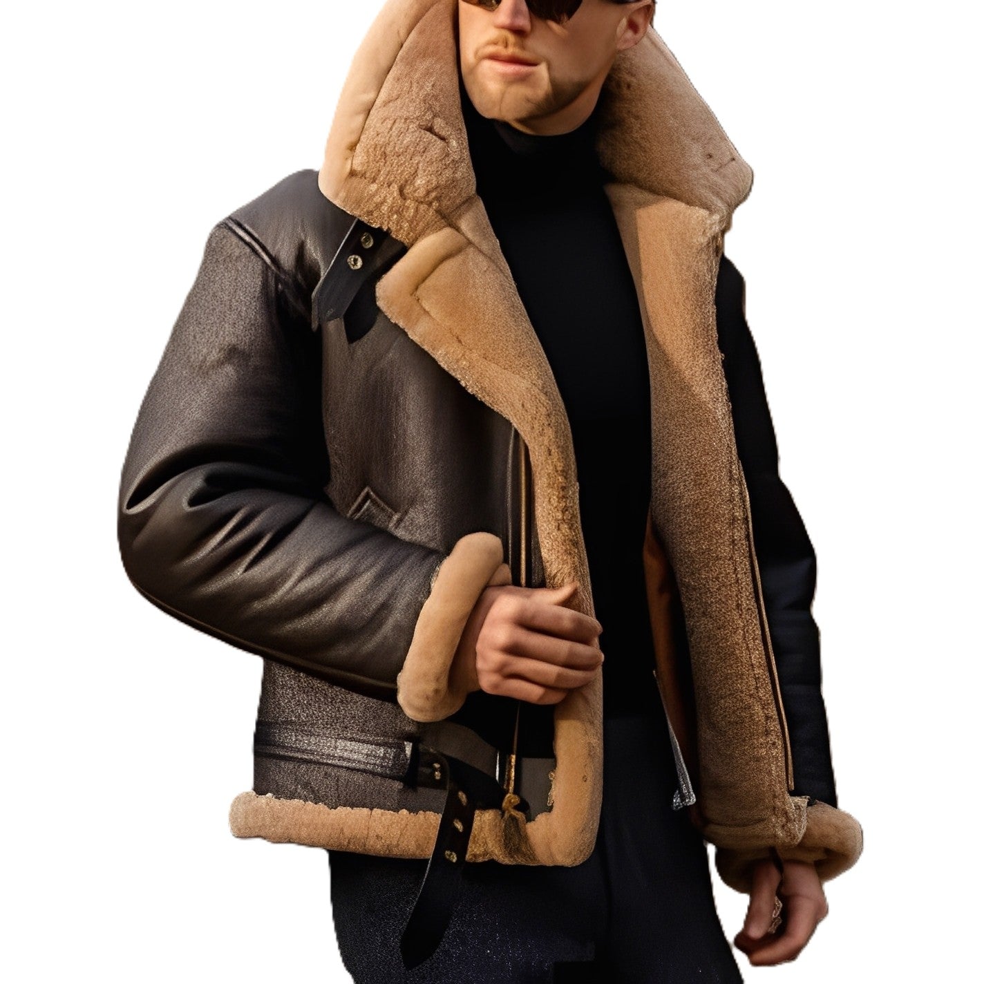 Jeffrey - Blouson moderne en cuir avec doublure en sherpa chaude pour hommes