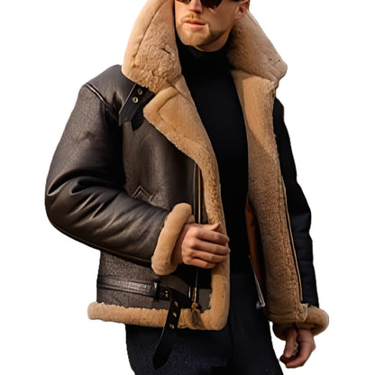 Jeffrey - Blouson moderne en cuir avec doublure en sherpa chaude pour hommes