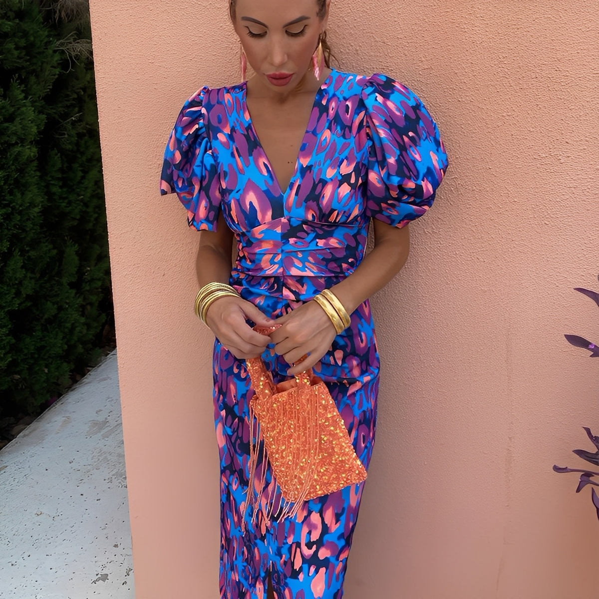 Gaëlle - Buntes Kleid mit plissierten Ärmeln für Damen