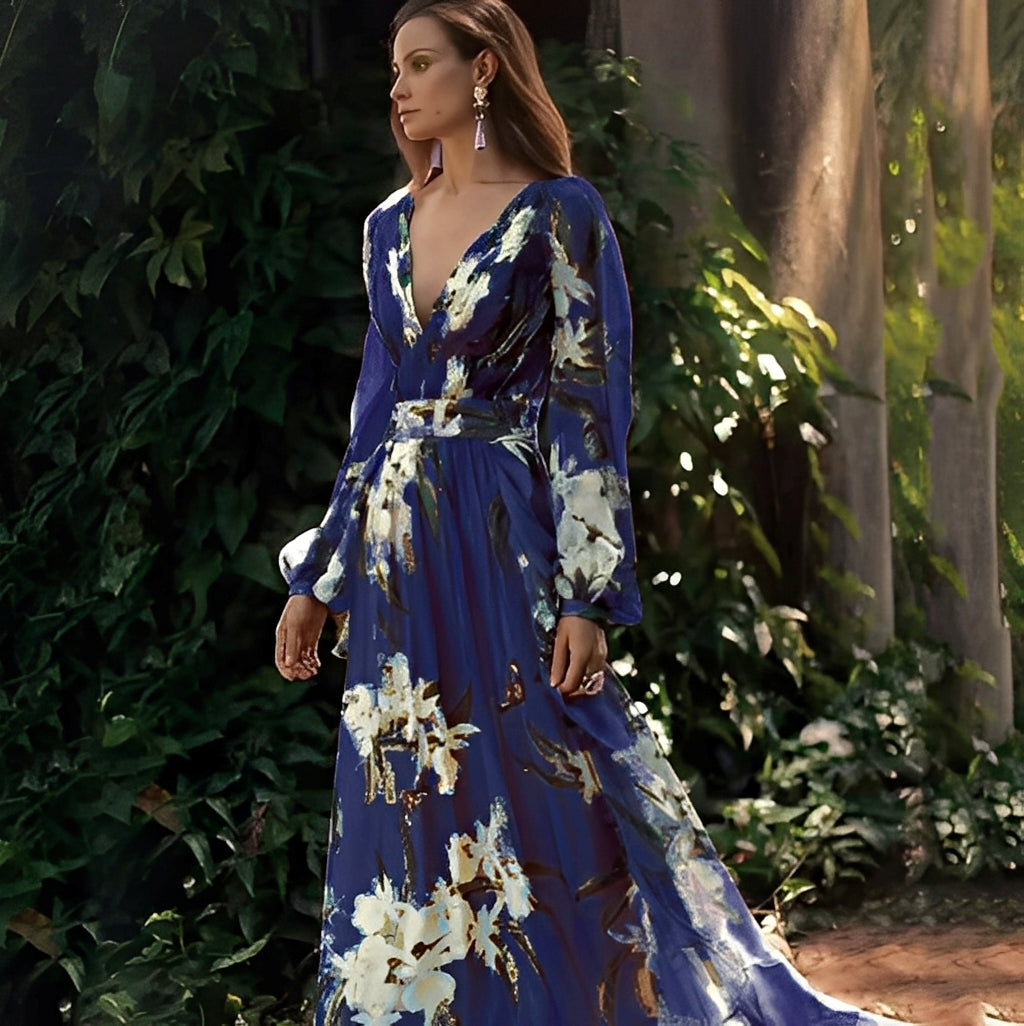 Karine - Robe longue élégante à col en V pour femmes