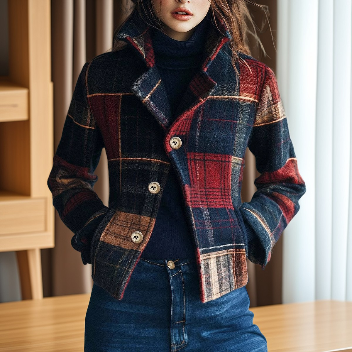 Aubriana - Veste rétro à carreaux avec col montant pour femmes