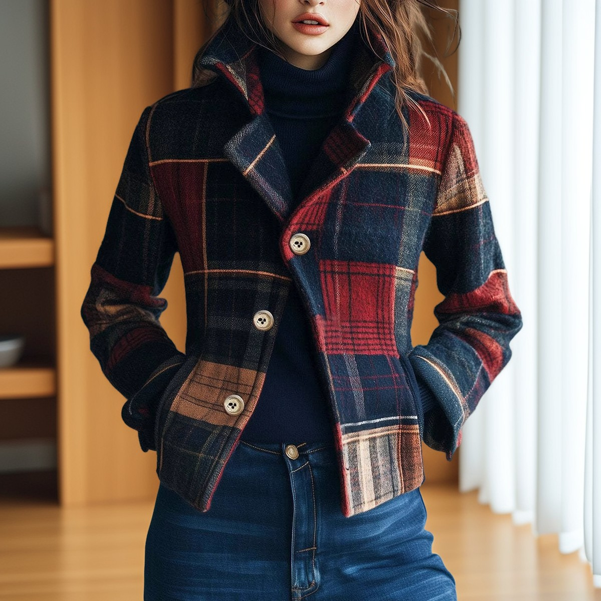 Aubriana - Veste rétro à carreaux avec col montant pour femmes
