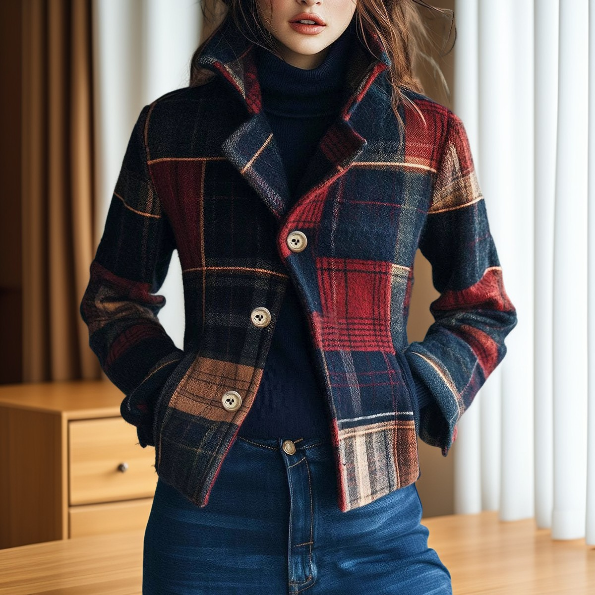 Aubriana - Veste rétro à carreaux avec col montant pour femmes