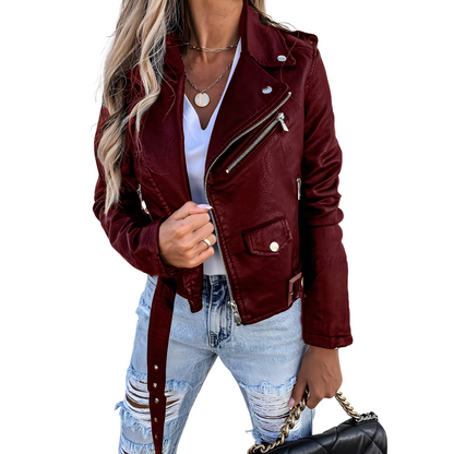 Tiana - Vintage biker-style leather jacket with zipper for women