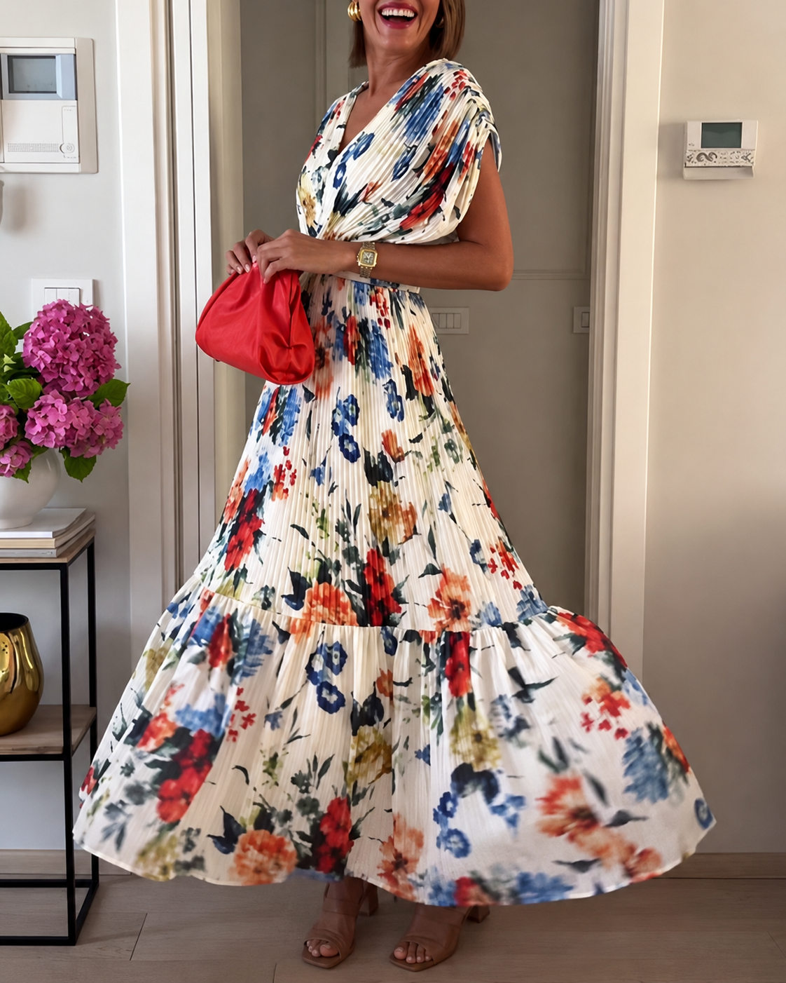 Sharon - Robe Plissée Élégante à Motifs Floraux