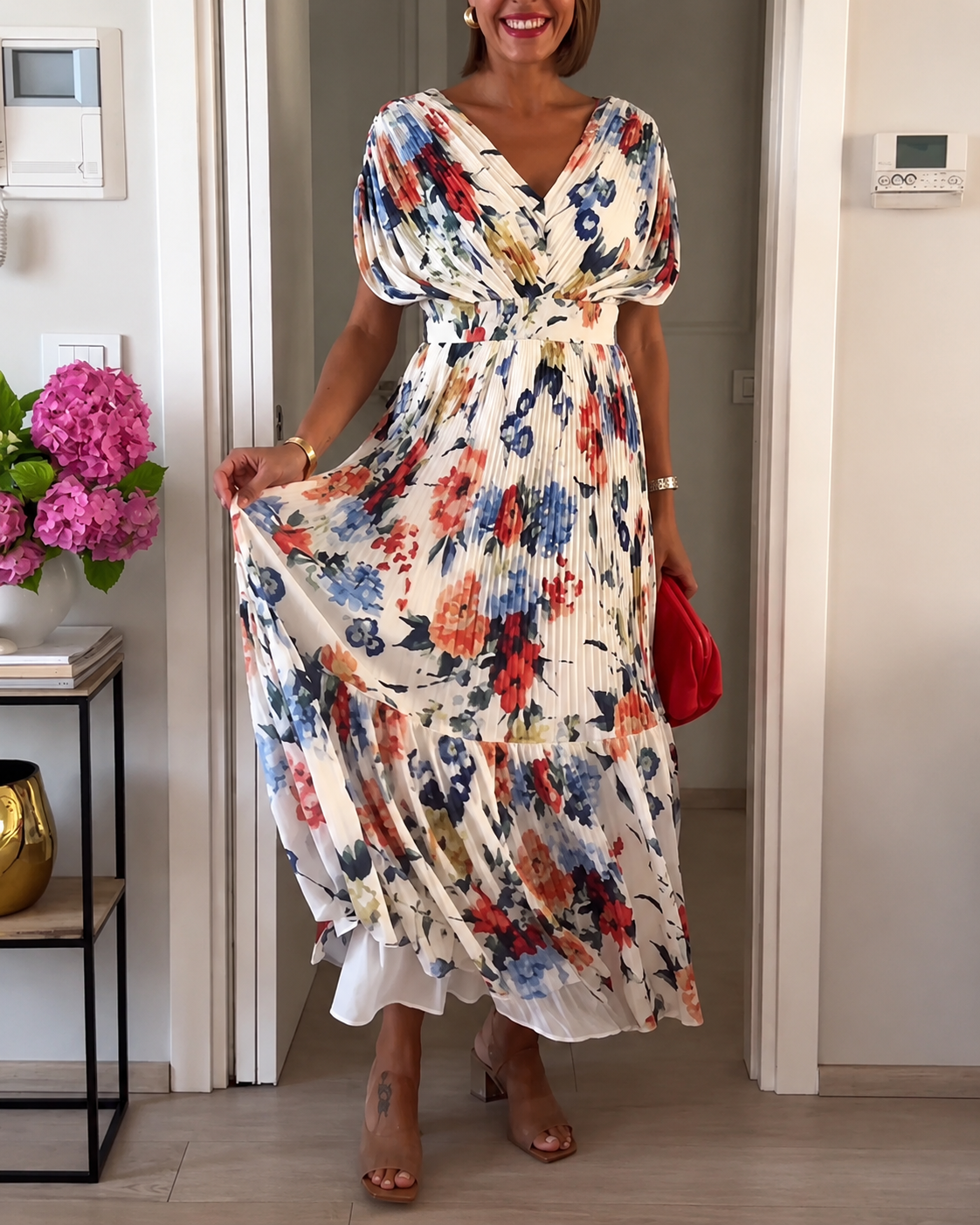 Sharon - Robe Plissée Élégante à Motifs Floraux
