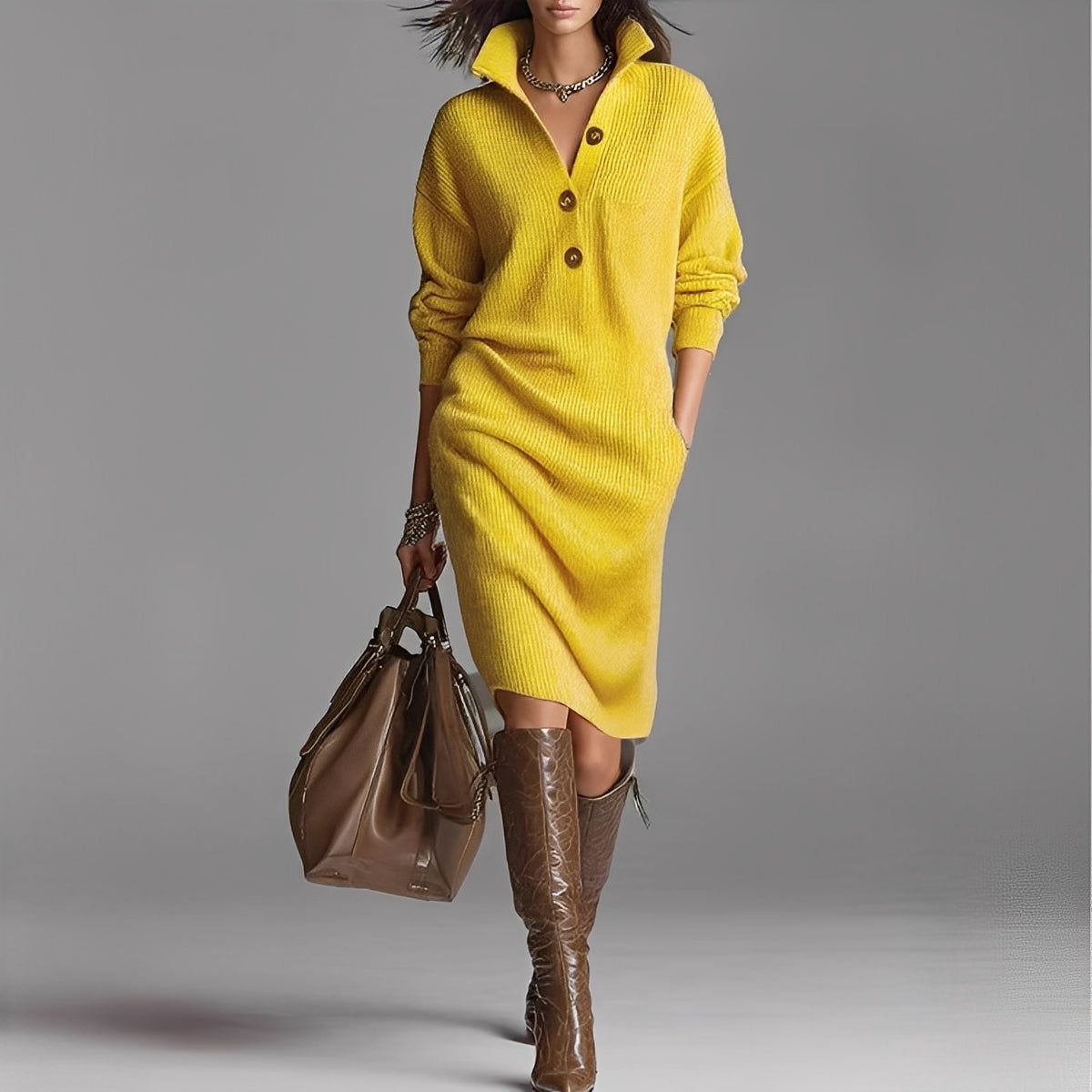 Camryn - Robe en maille élégante avec col et boutons pour femmes