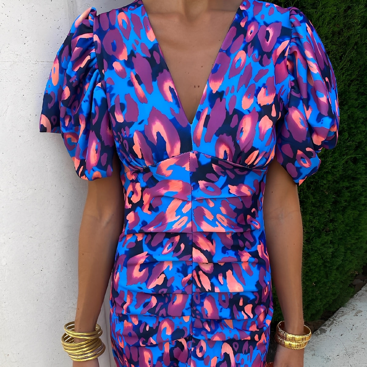 Gaëlle - Buntes Kleid mit plissierten Ärmeln für Damen