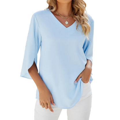 Caetana – Blouse in sheer fabric with short sleeves and V-neckline