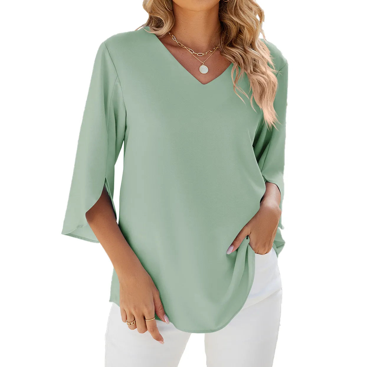 Caetana – Blouse en chiffon avec manches courtes et décolleté en V