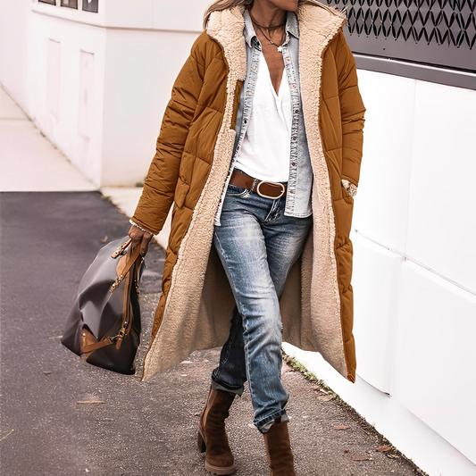 Nadège - Long quilted winter coat with hood for women