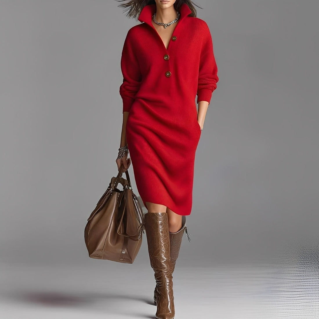 Camryn - Robe en maille élégante avec col et boutons pour femmes