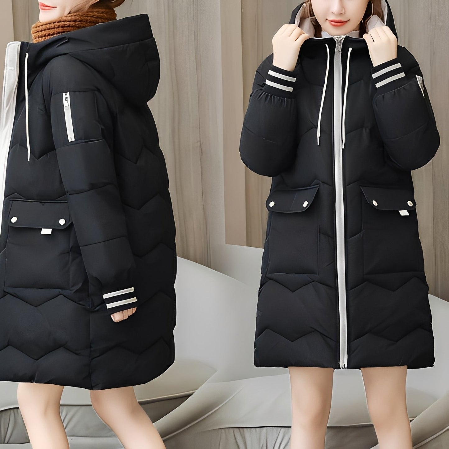 Catherine - Trendy long padded coat with hood for women