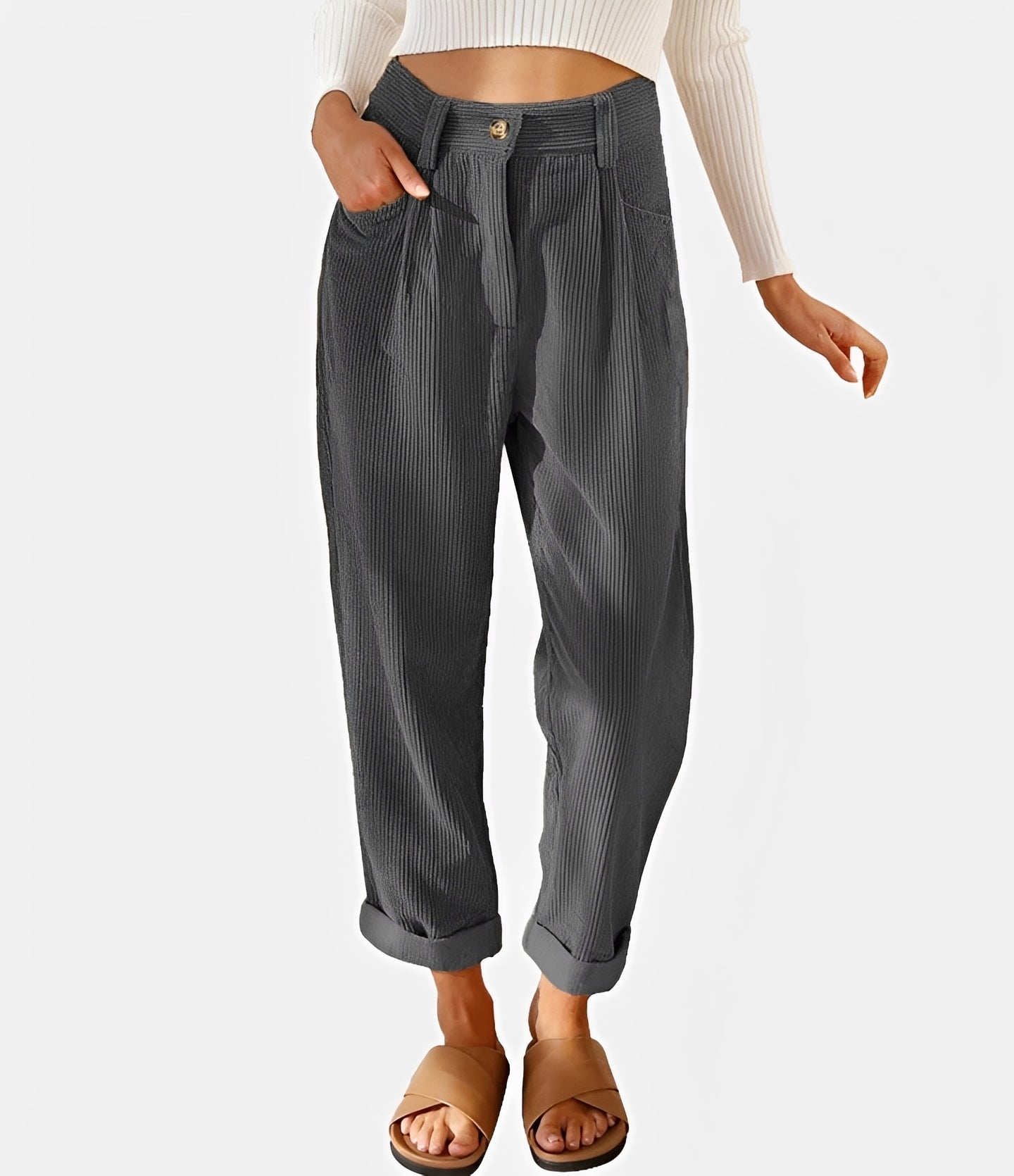 Liana - Pantalon côtelé taille haute et relax