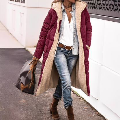 Nadège - Langer gesteppter Wintermantel mit Kapuze für Damen