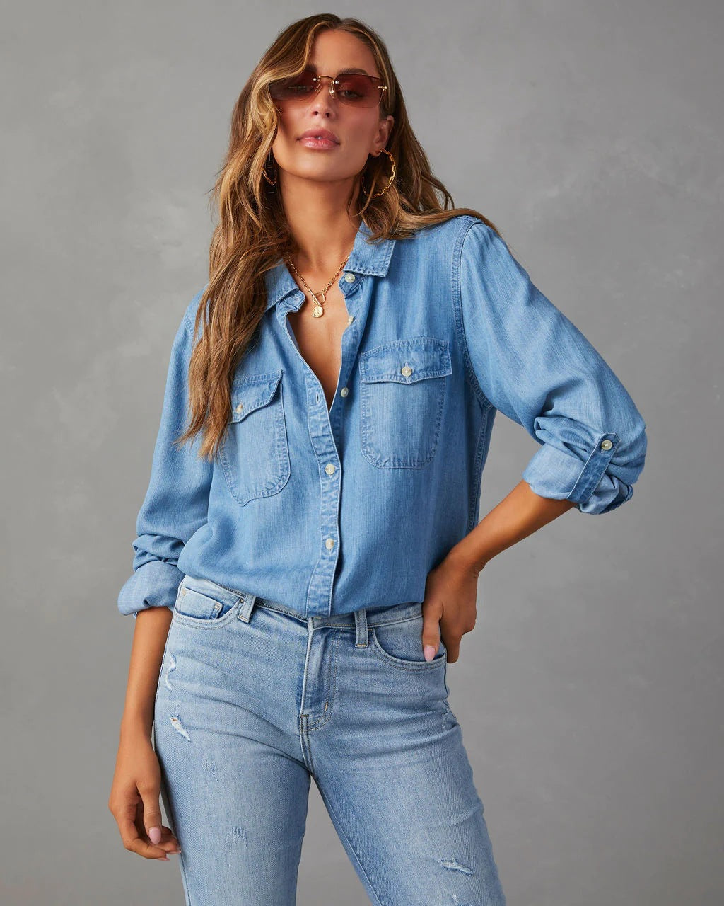 Susan - Chemise en denim rétro avec col à revers pour femmes