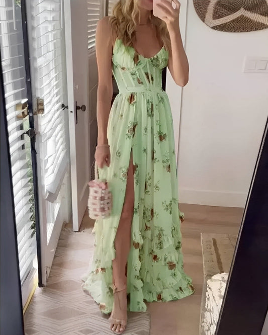 Livie - Elegantes langes Kleid mit Blumenmuster und Schlitz für Damen