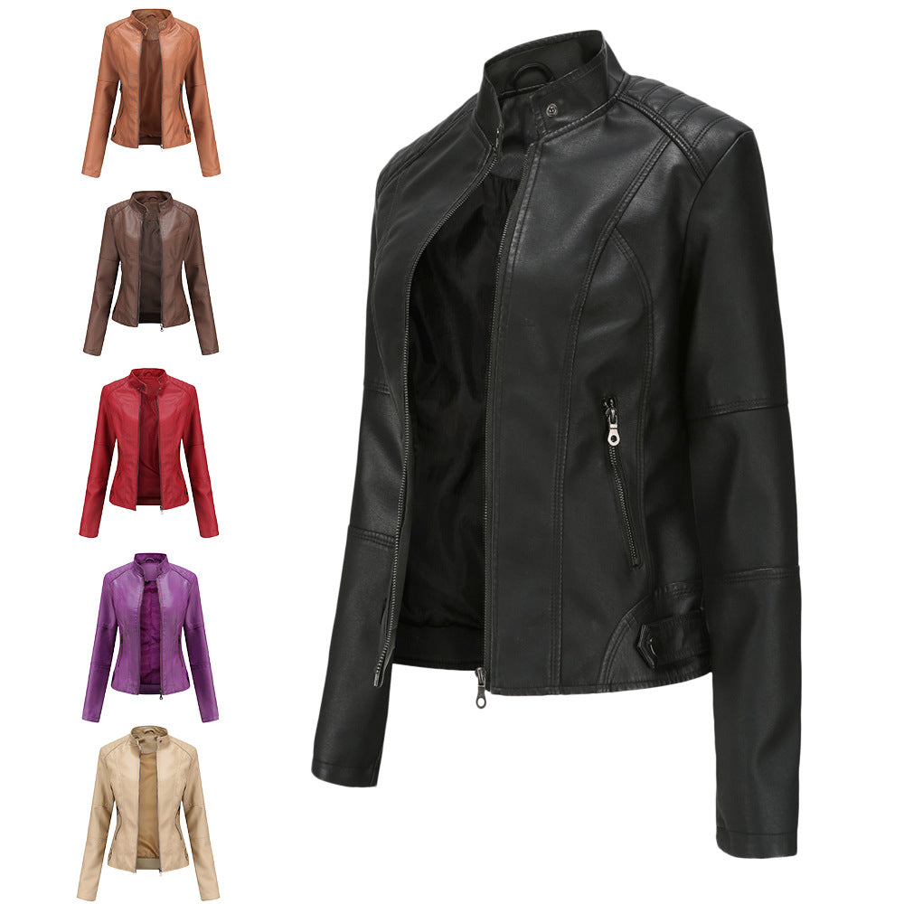 Claudia – Leather motorcycle jacket with high collar