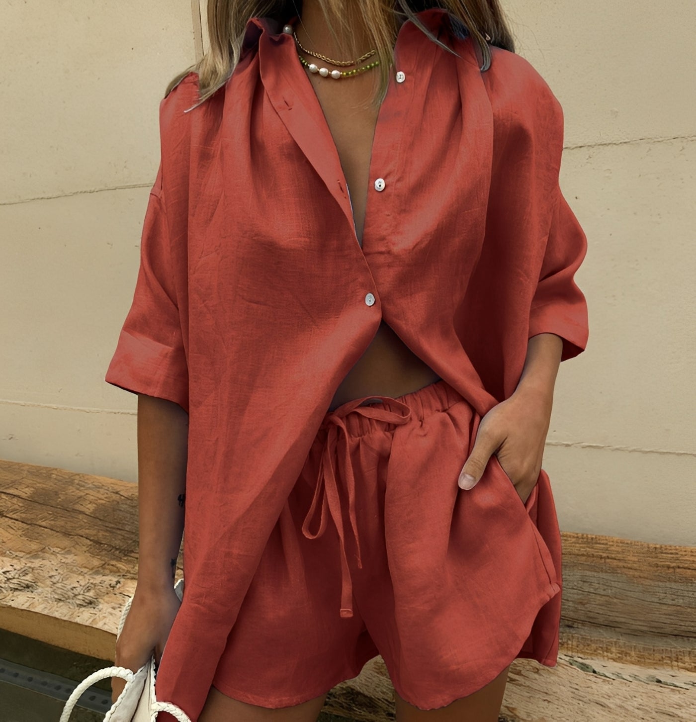 Abbie - Ensemble cool avec chemise large et shorts pour femmes
