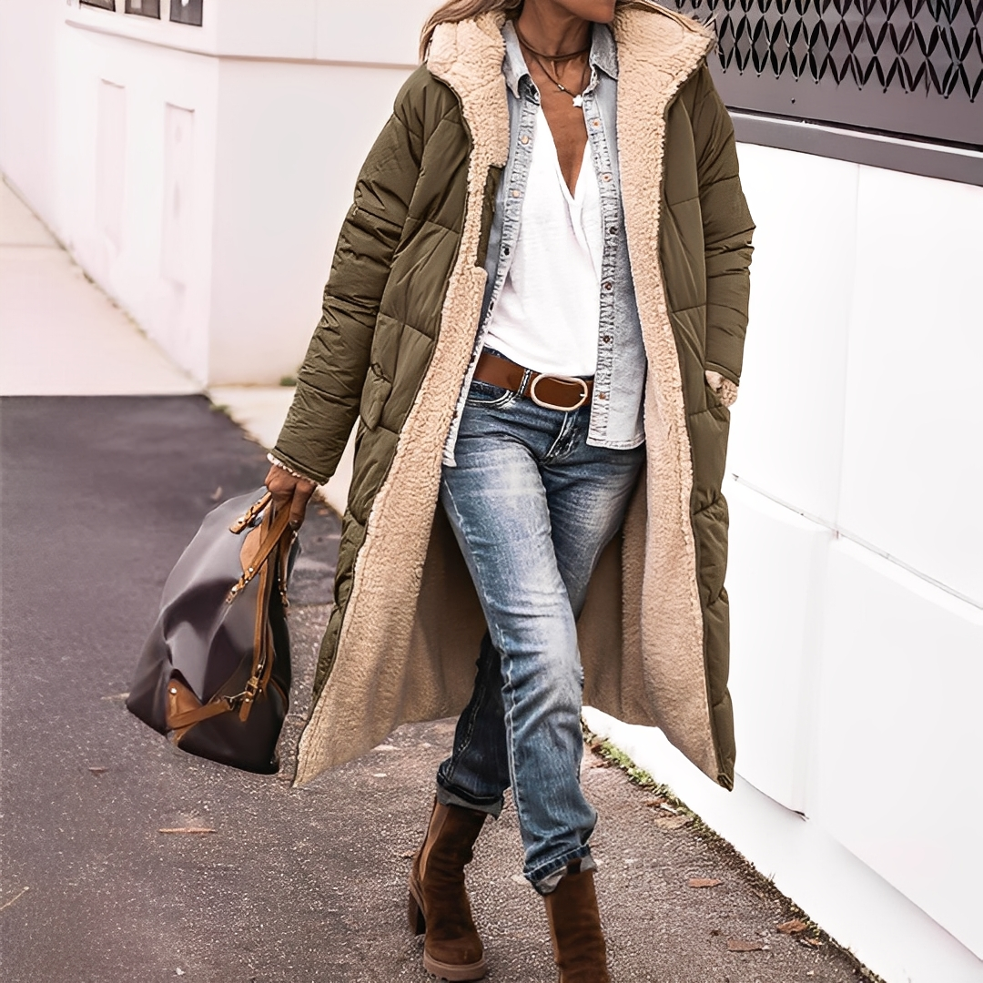 Nadège - Langer gesteppter Wintermantel mit Kapuze für Damen