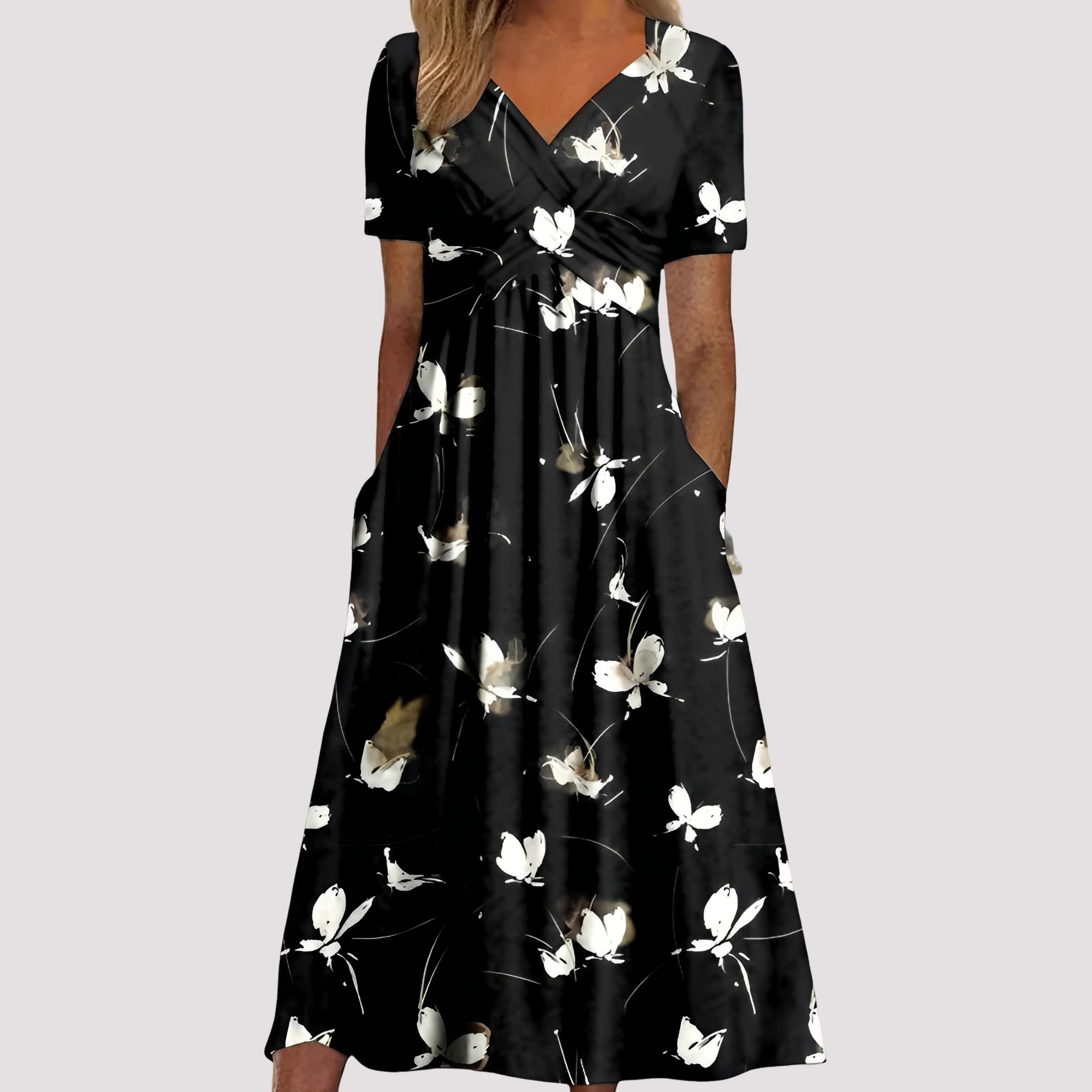 Gabriella - Robe midi élégante avec col en V pour femmes