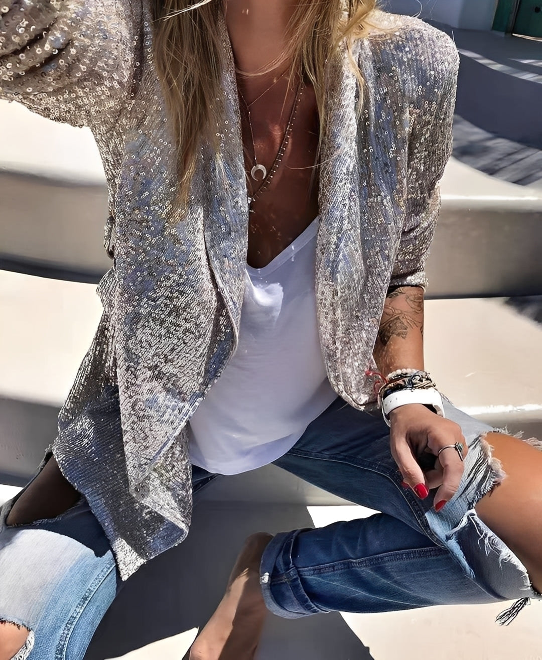 Abigaëlle - Blazer à revers avec paillettes pour femme