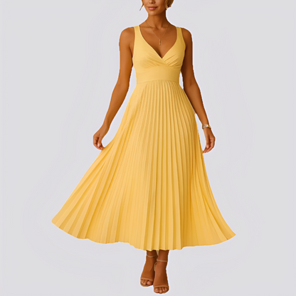 Sabrina - Elegantes langes Kleid mit Falten und V-Ausschnitt für Damen