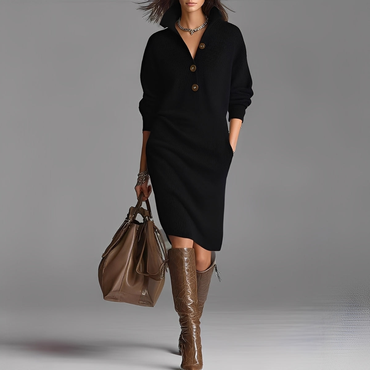 Camryn - Robe en maille élégante avec col et boutons pour femmes