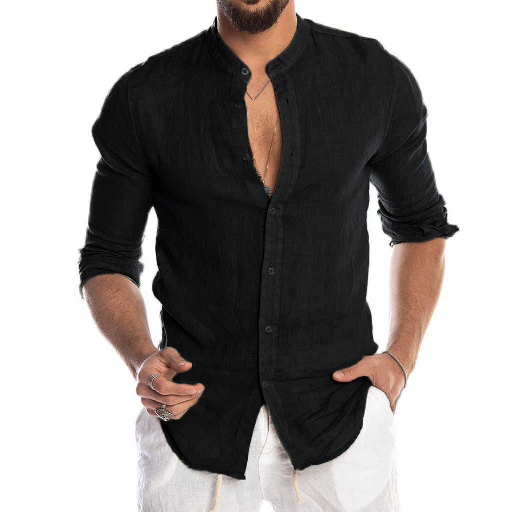 Heath - Men's linen shirt with standing collar, long sleeves