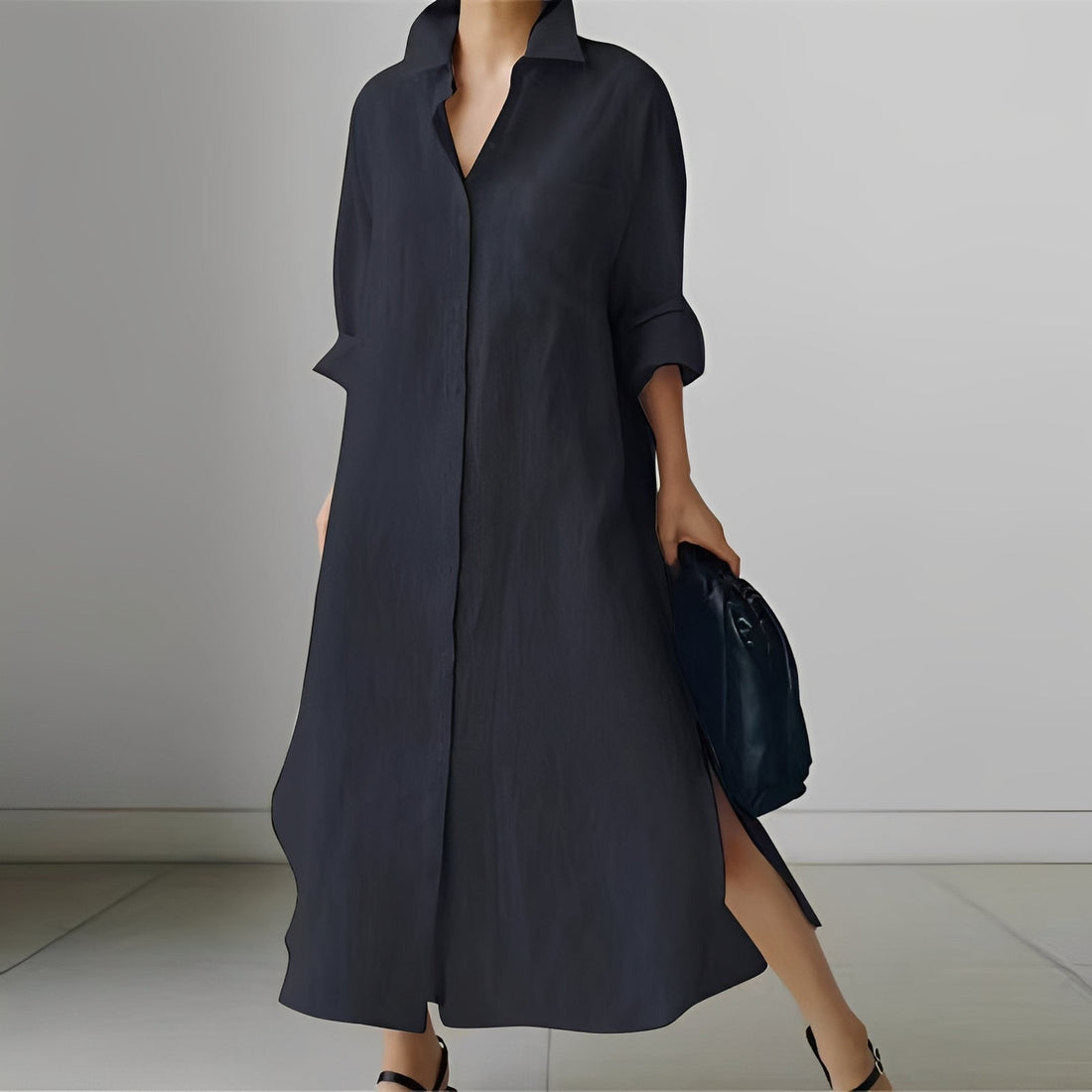 Nancy - Robe midi ample style chemise avec fente pour femmes