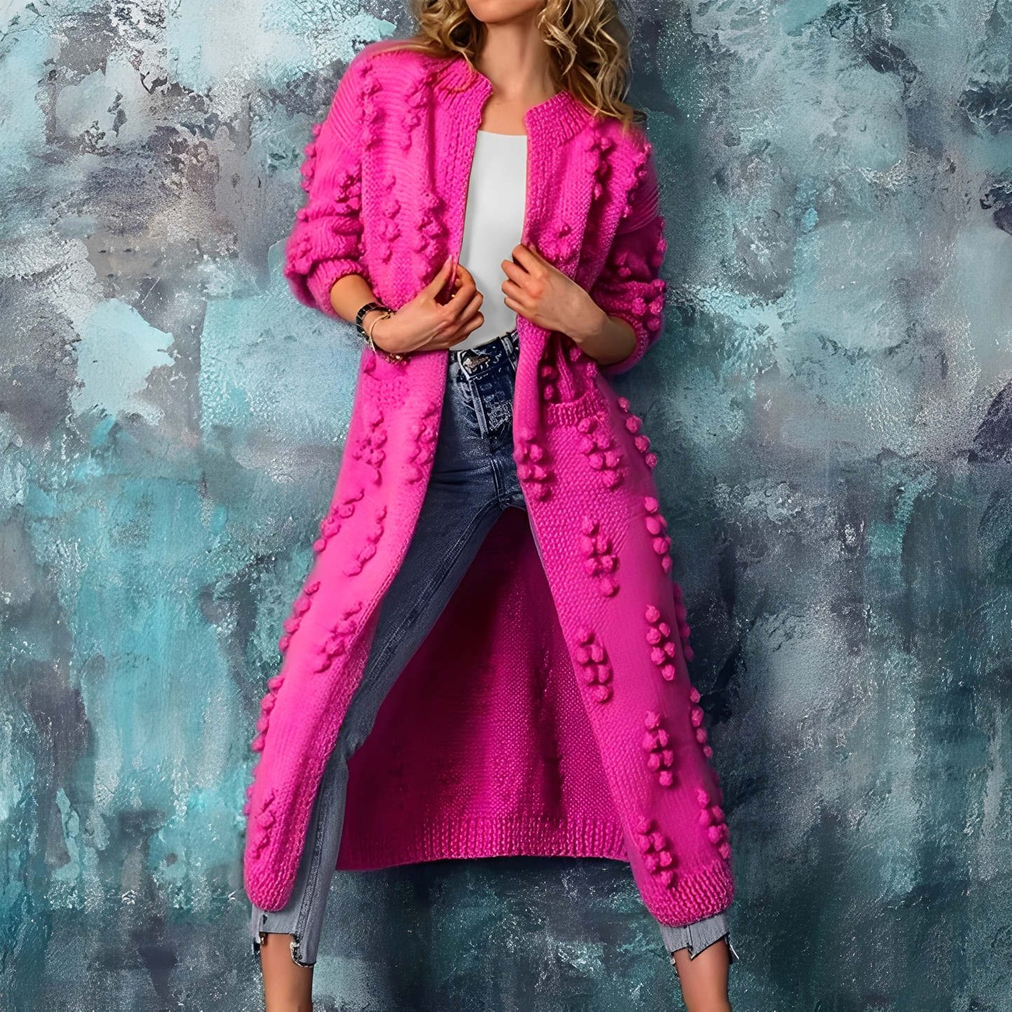 Nancy - Long cardigan chic avec pompons pour femmes