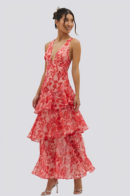 Hazel - Long backless dress with floral pattern for women