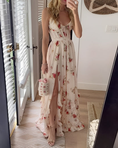 Livie - Robe longue chic avec imprimé floral et fente pour femmes