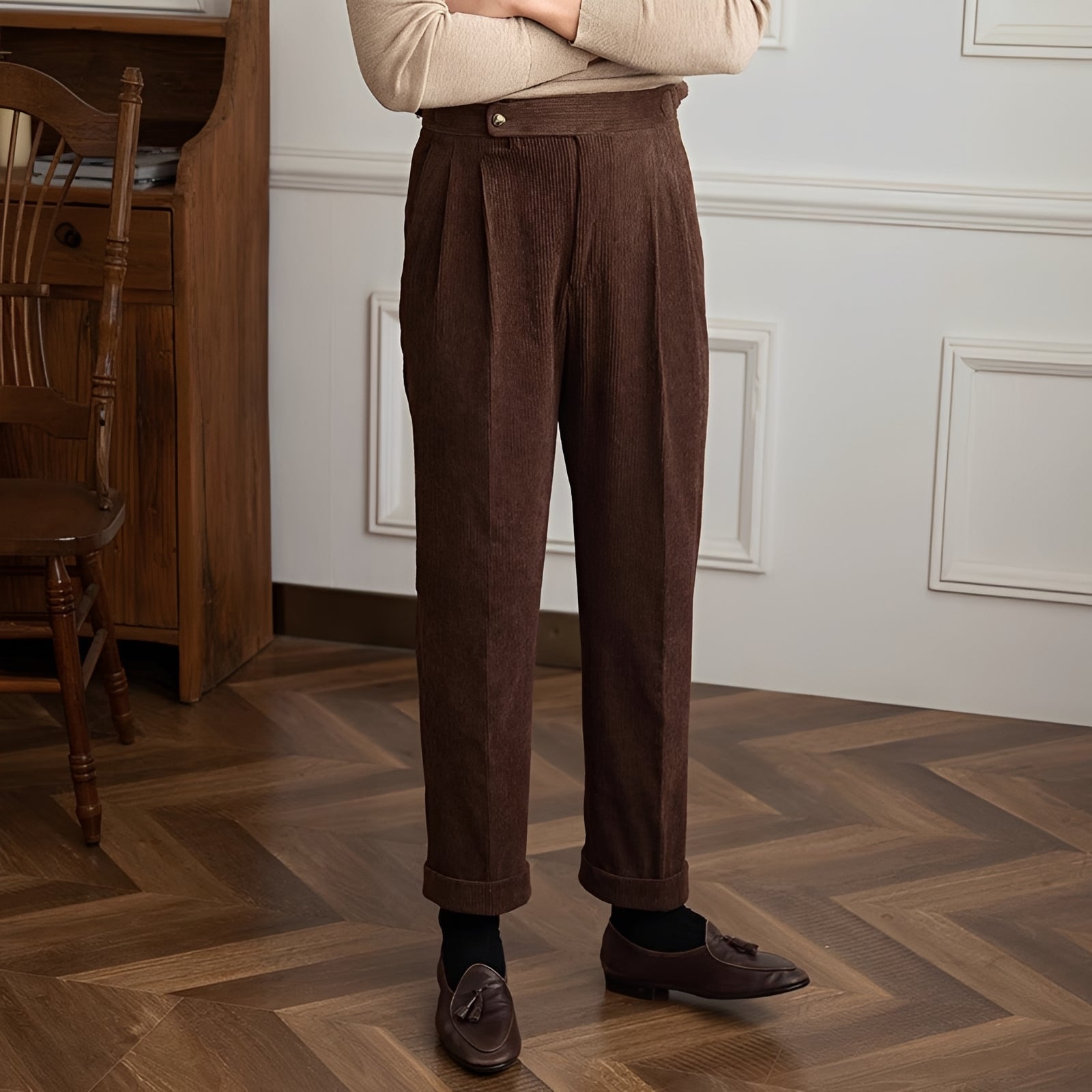 Rafael - Pantalon à Taille Haute en Velours Texturé