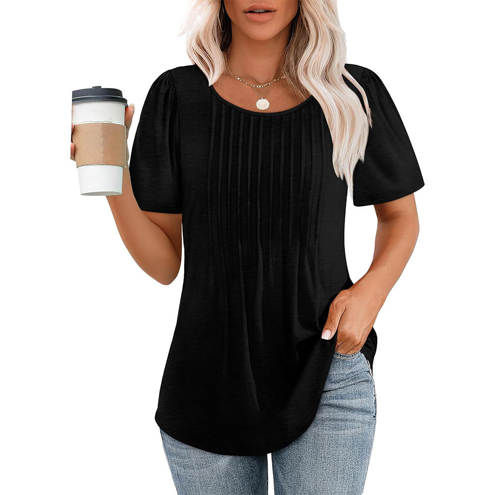 Patricia - Chemise plissée décontractée avec encolure ronde pour femmes
