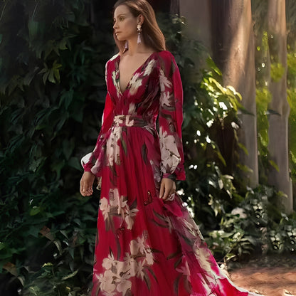 Karine - Elegantes langes Kleid mit V-Ausschnitt für Damen