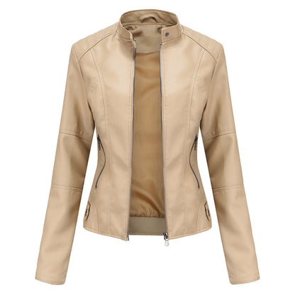 Claudia – Leather motorcycle jacket with high collar
